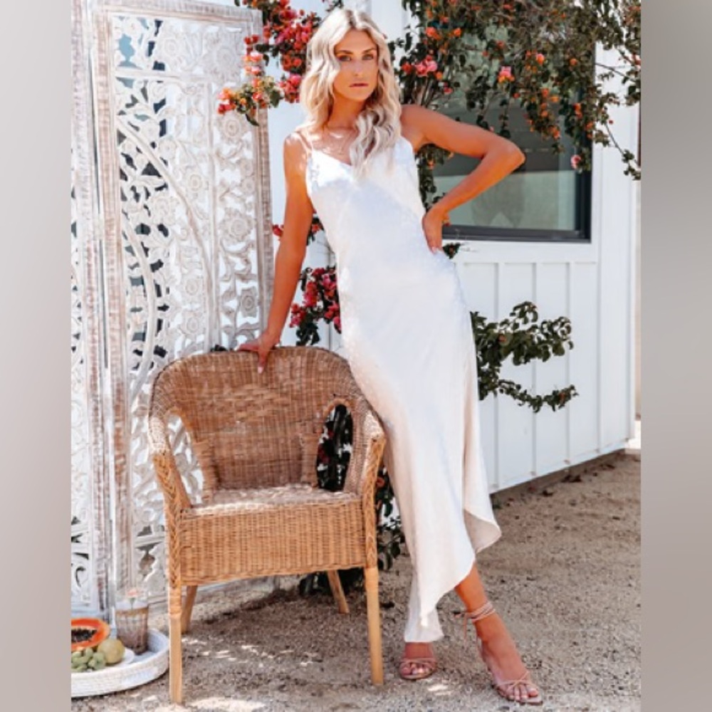 Vici Catwalk Satin Polka Dot Asymm Slip Midi Dress Ivory